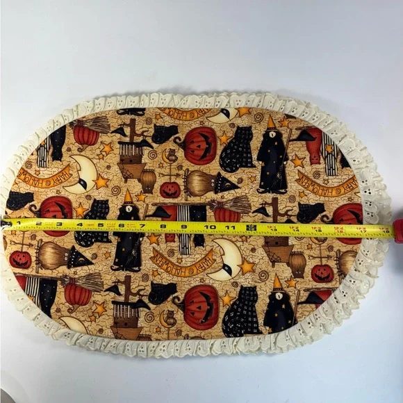 Halloween Themed Oval Placemat Lace Trim Witch pumpkin cat orange fall decor 3 - Picture 6 of 7